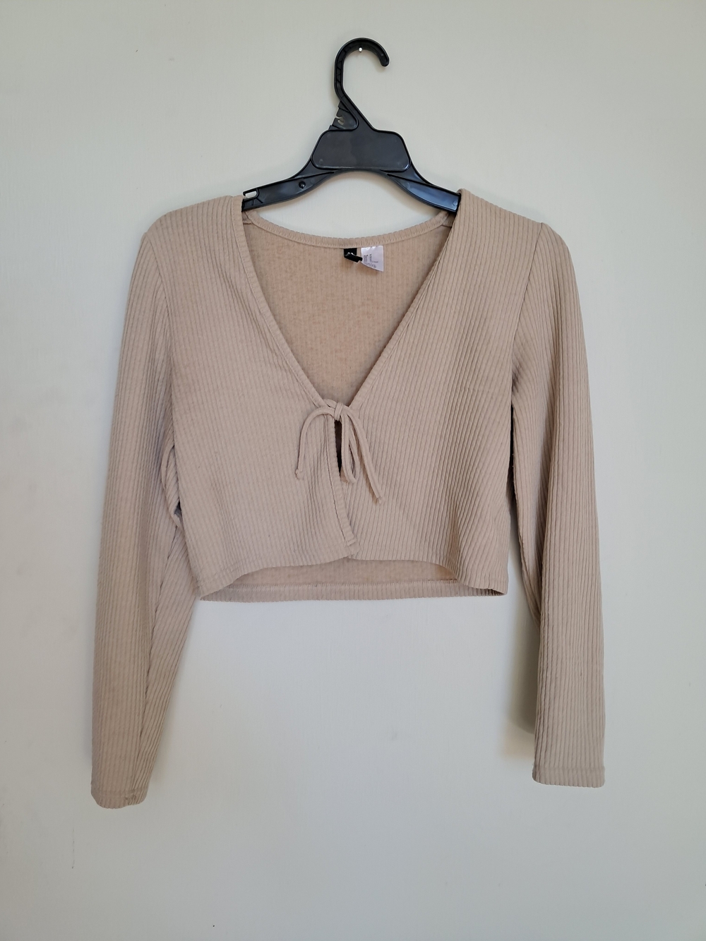 Divided Beige Ribbed V-Neck Tie-Front Crop Cardigan